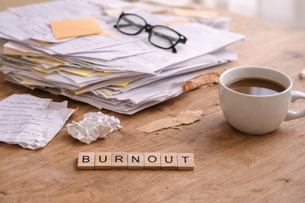Papierstapel, Kaffeetasse und Holzklötze mit dem Schriftzug „Burnout“ als Symbolbild für den Blogartikel „Bin ich im Burnout?“.