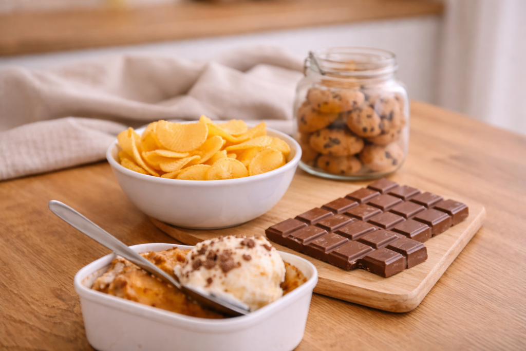 Chips, Schokolade, Cookies und Eis als typische Lebensmittel beim emotionalen Essen.